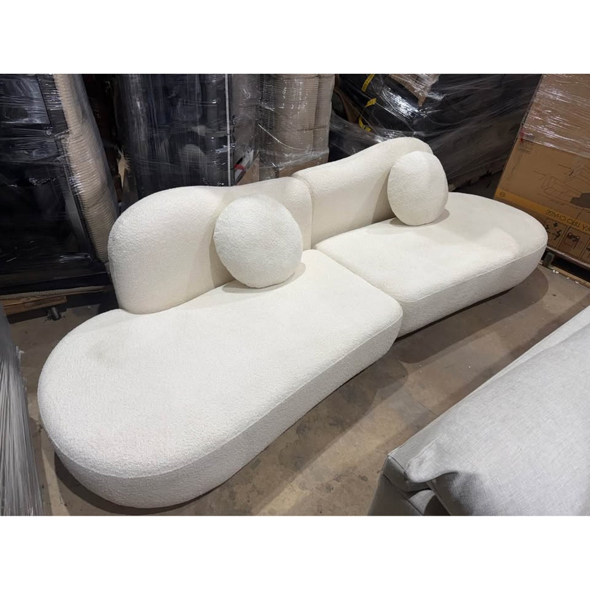 New 112” Curved Bouclé Sofa - White Cream Fabric – $1,400 Retail – Open Box – Delivery Available
