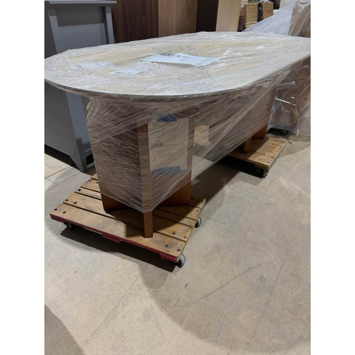 71” Oval Stone Top Dining Table | Oak Double Pedestal Base | New Open Box - Delivery Available