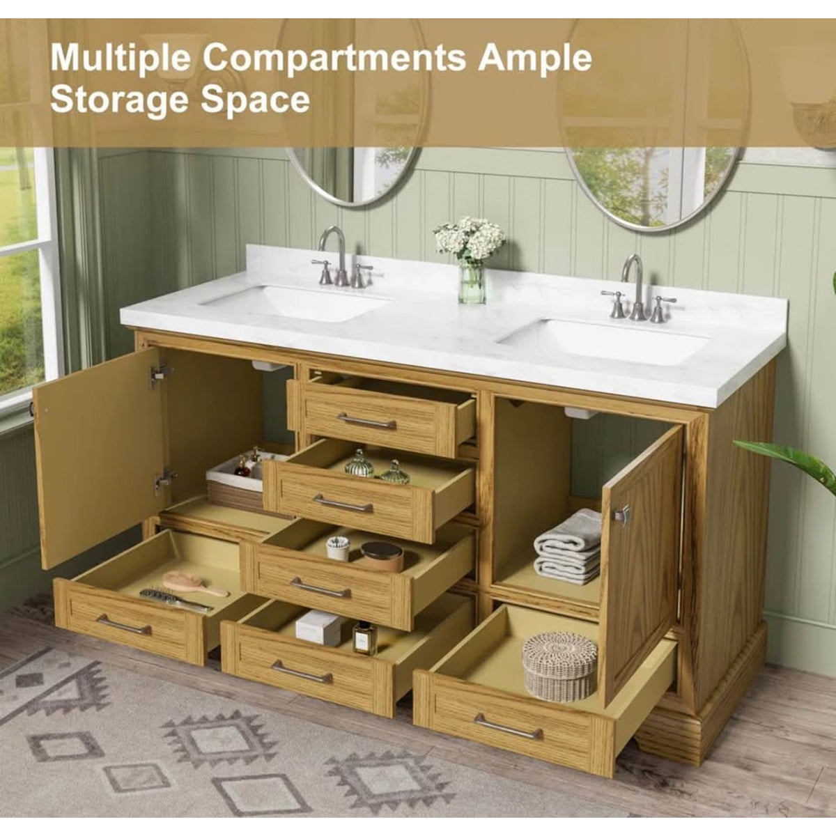 New 60” Double Sink Bathroom Vanity w/ White Stone Top – Open Box - Delivery Available