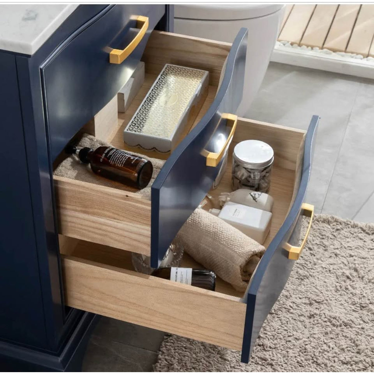 New 30” Navy Blue Bathroom Vanity – Carrara Marble Top – Retail $1,410 – Delivery Available