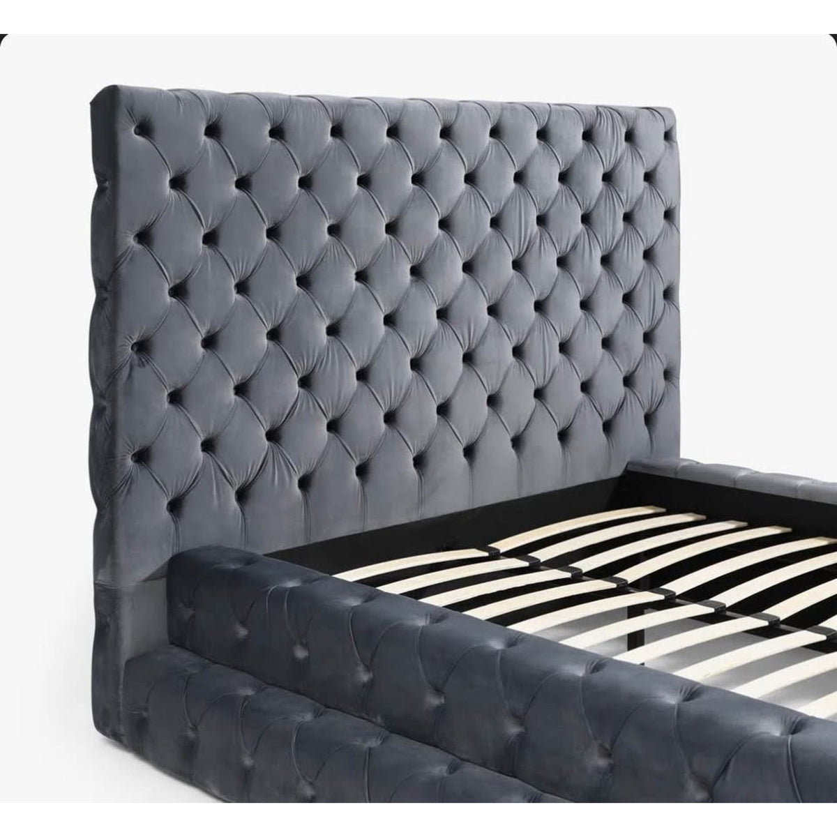 New Queen Bed Tufted Gray Velvet $3,000 Retail “open box” (3 large boxes) Delivery Available