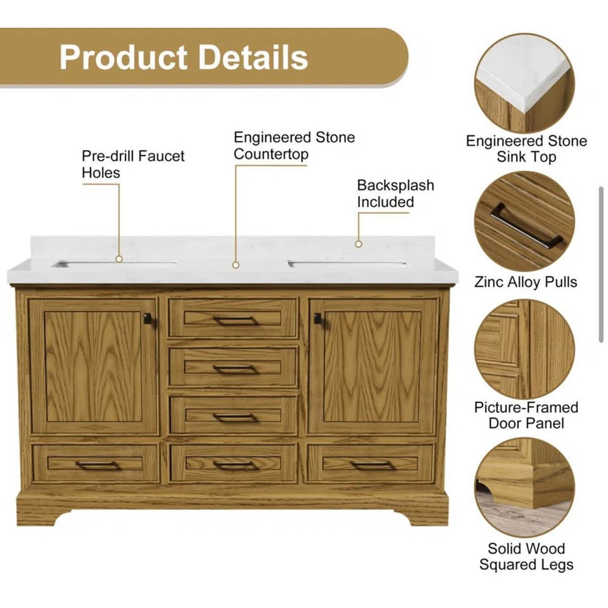 New 60” Double Sink Bathroom Vanity w/ White Stone Top – Open Box - Delivery Available
