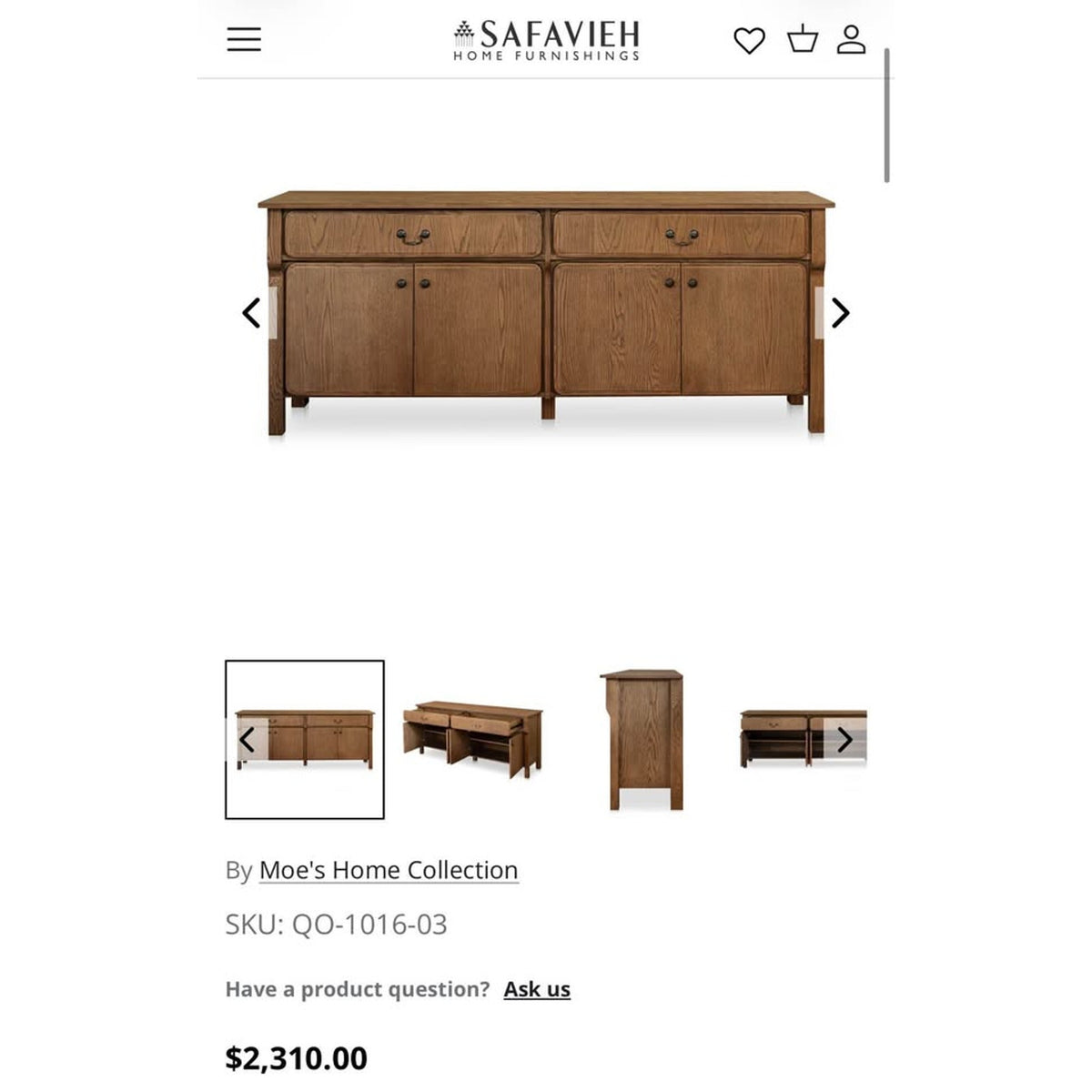 New Moe’s Home Collection Caroline 78.5” Solid Oak Sideboard – $3,610 Retail – Open Box - Delivery