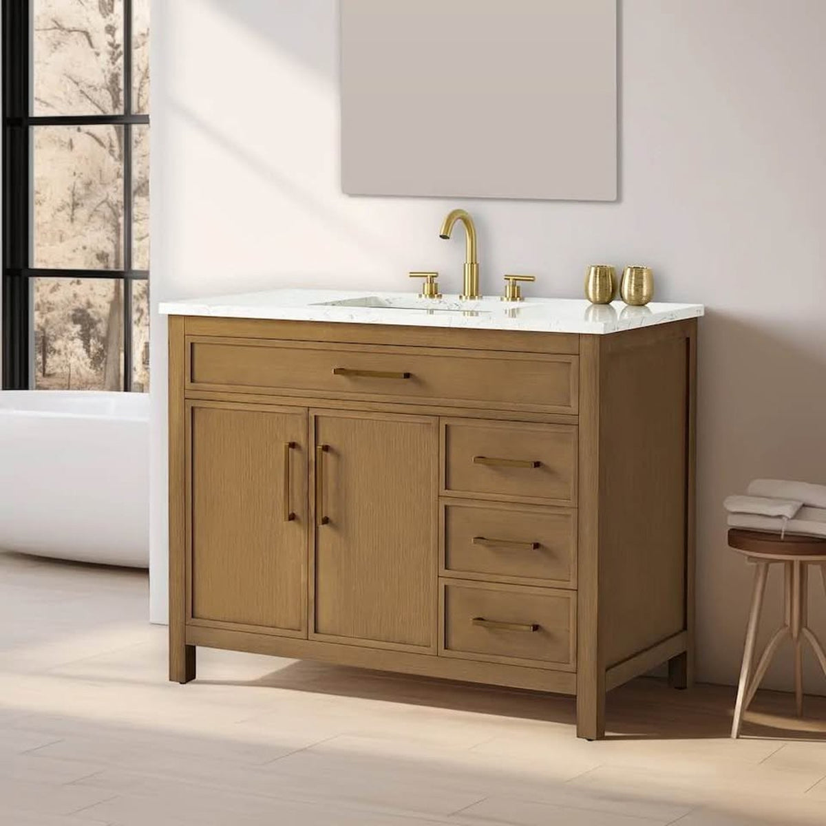 New 42” Natural Wood Bathroom Vanity with White Stone Top – New Open Box - Delivery Available