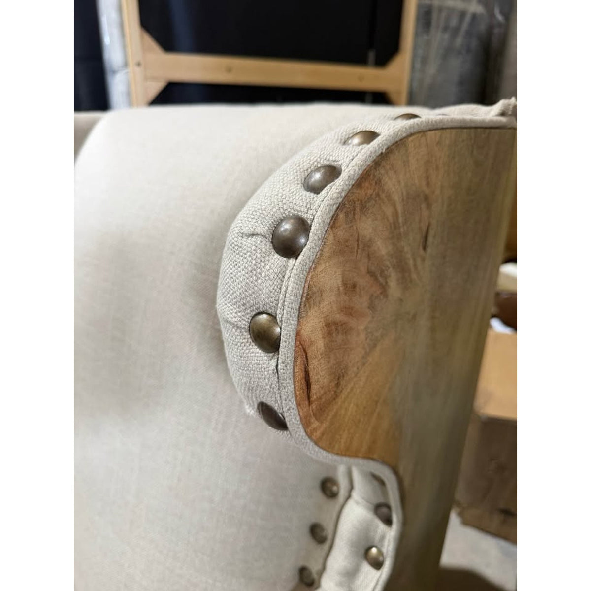 Rustic Modern Wingback Accent Chair | Natural Wood & Oatmeal Fabric - Delivery Available