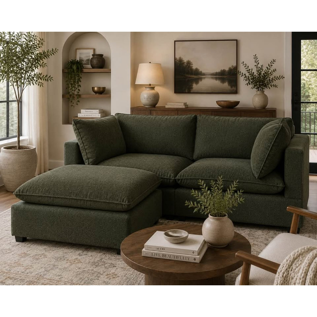 Albany Park Kova Pillow Cushion Sofa + Ottoman | Spruce Performance Chenille | 86” Delivery Avail