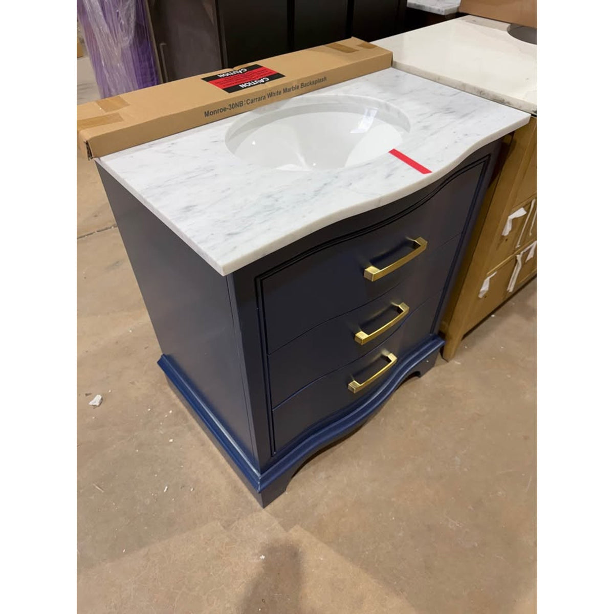 New 30” Navy Blue Bathroom Vanity – Carrara Marble Top – Retail $1,410 – Delivery Available