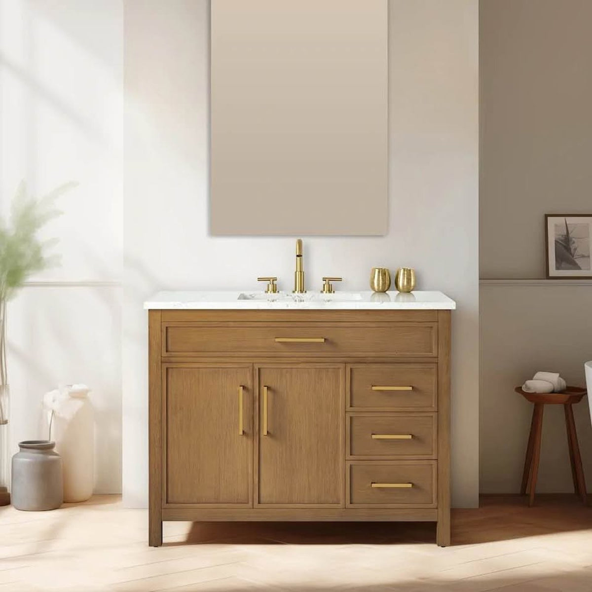 New 42” Natural Wood Bathroom Vanity with White Stone Top – New Open Box - Delivery Available