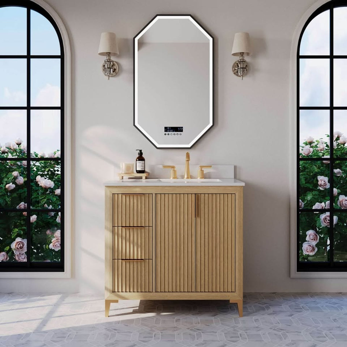 Ancerre Turlington 36” White Oak Bathroom Vanity | Right Offset Sink | Fluted Modern Design