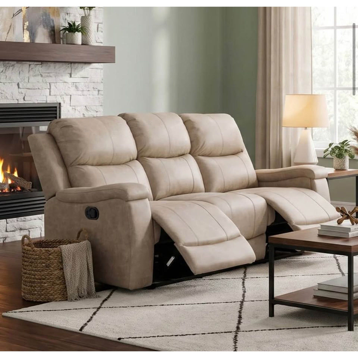 Beige Faux Leather Reclining Sofa – RETAIL $1,098.99 | NEW OPEN BOX | DELIVERY AVAILABLE