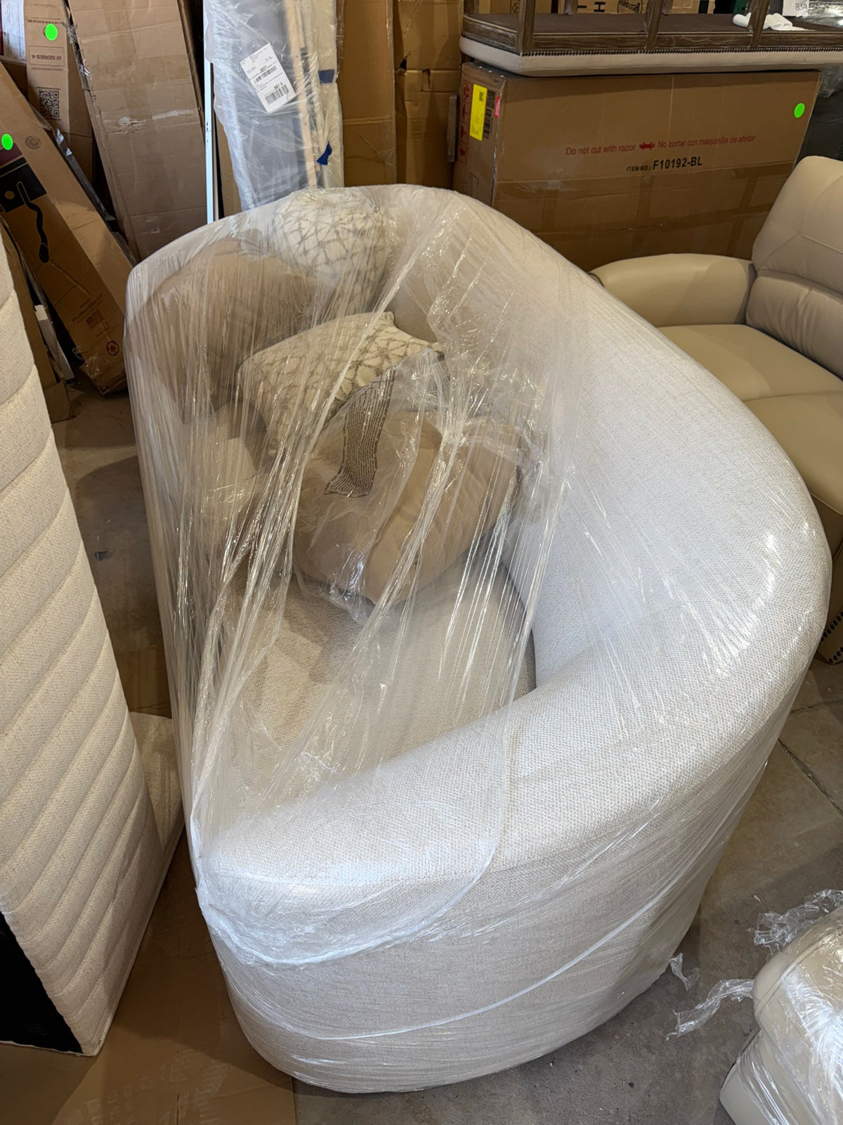 New Coaster Curved Bouclé Sofa — 88.5″ Modern Cream Sofa with Accent Pillows — Delivery Available