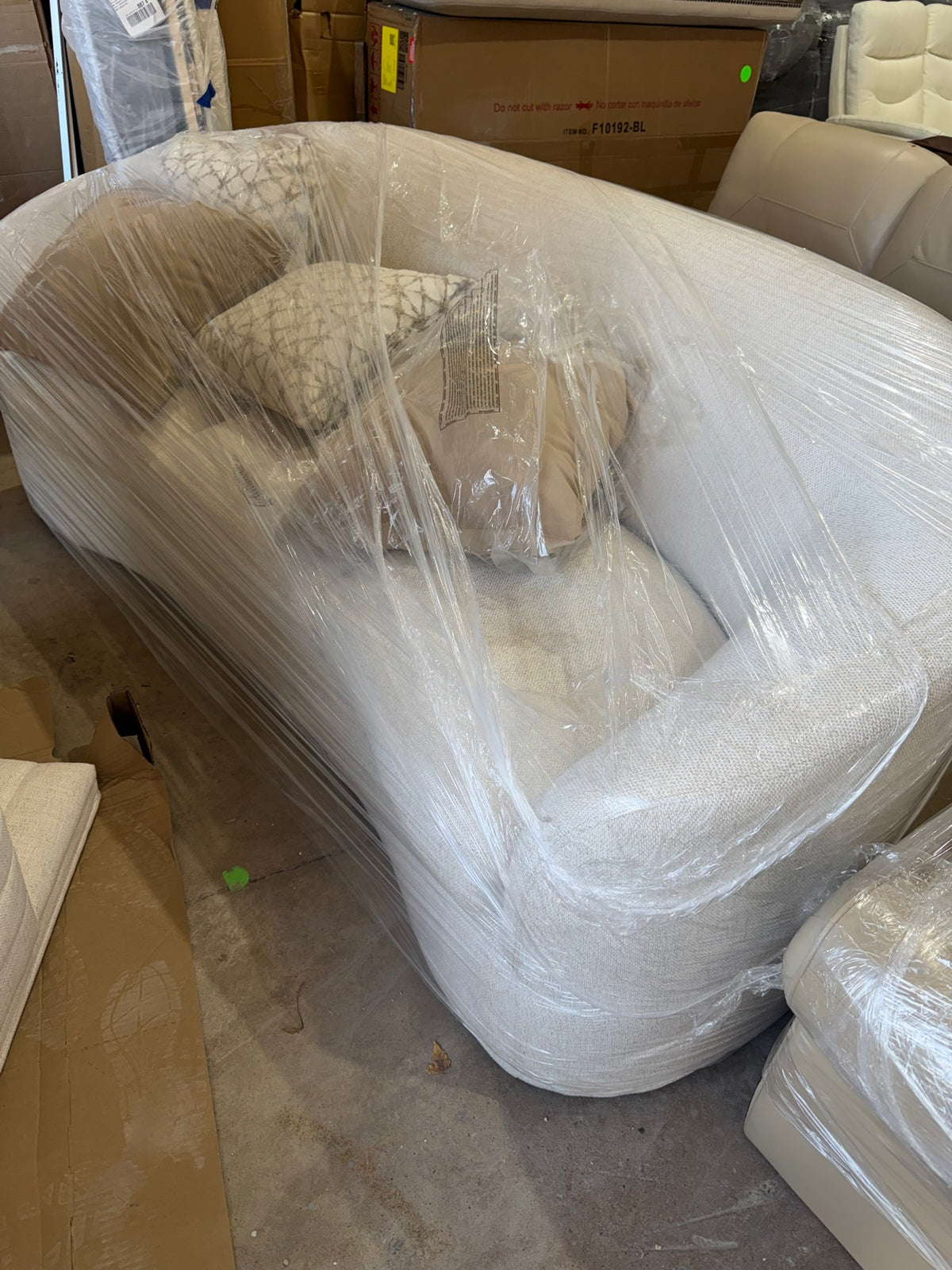 New Coaster Curved Bouclé Sofa — 88.5″ Modern Cream Sofa with Accent Pillows — Delivery Available