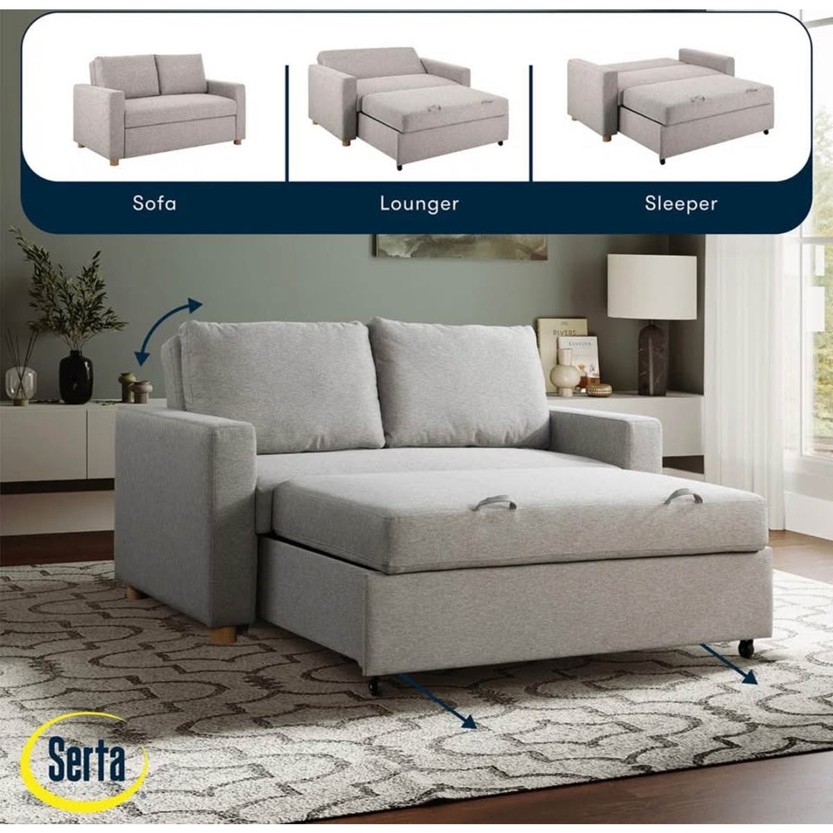 Serta Trinity Full Size Sleeper Sofa | Light Gray Woven Fabric | Convertible Sofa Bed - Delivery