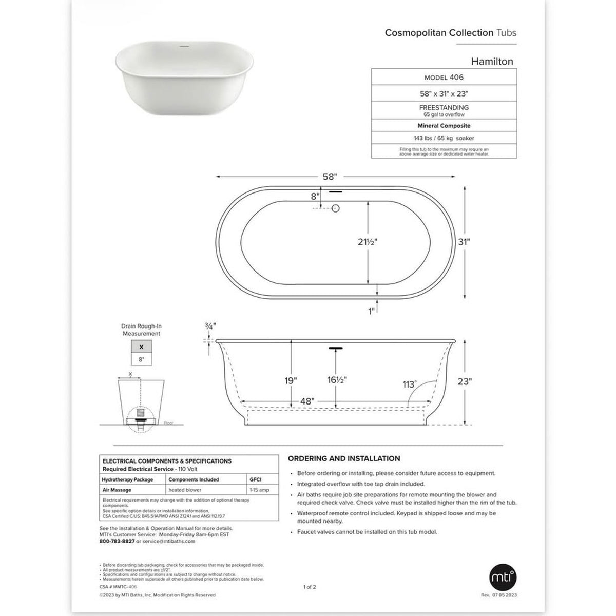 MTI Baths Hamilton 58” Freestanding Soaking Bathtub – Gloss White - Small Blemishes - Delivery Avail