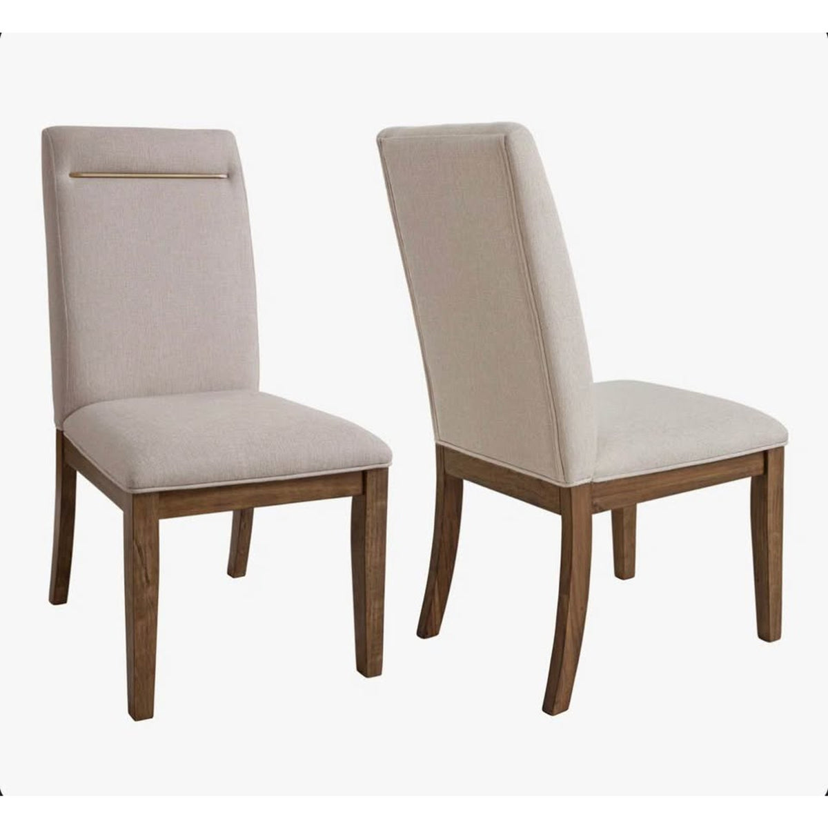 Dining Chairs (2) Beige Fabric - Toffee Wood Legs - Brass Accent - New “open box” - Delivery Avail