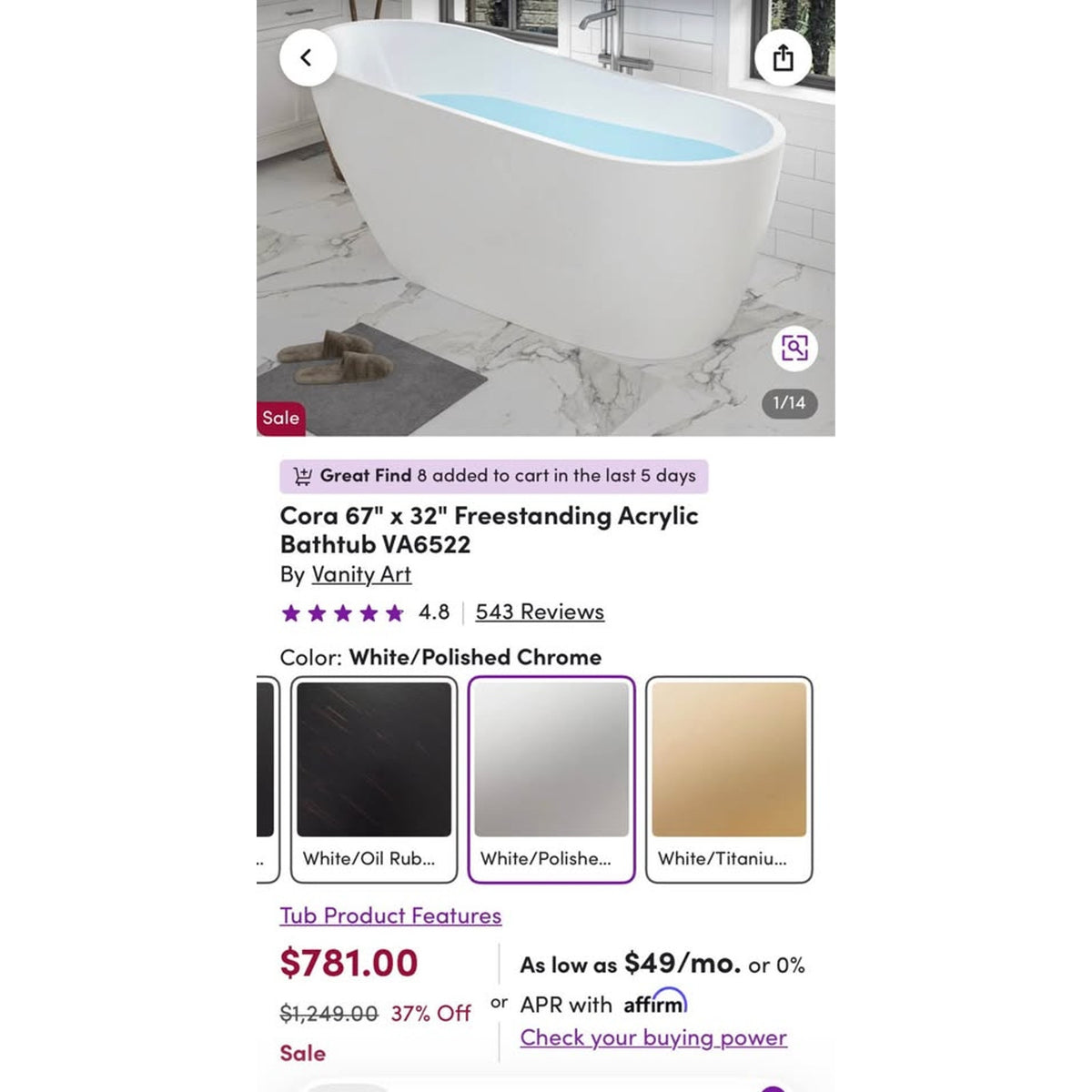 Vanity Art Cora 67” Freestanding Soaking Tub – $1,249 Retail – Delivery Available