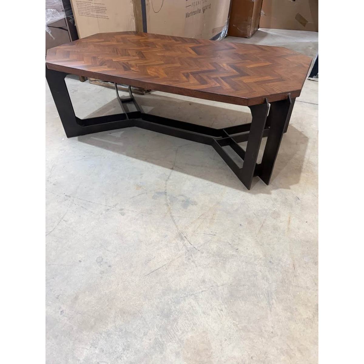New Coffee Table Herringbone Wood Top & Black Metal Base - $900 Retail “open box” Delivery Available