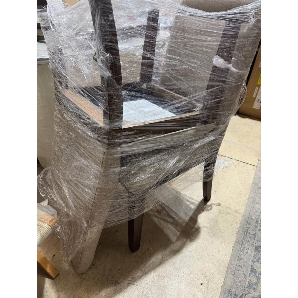 Dining Chairs (2) Beige Fabric - Toffee Wood Legs - Brass Accent - New “open box” - Delivery Avail
