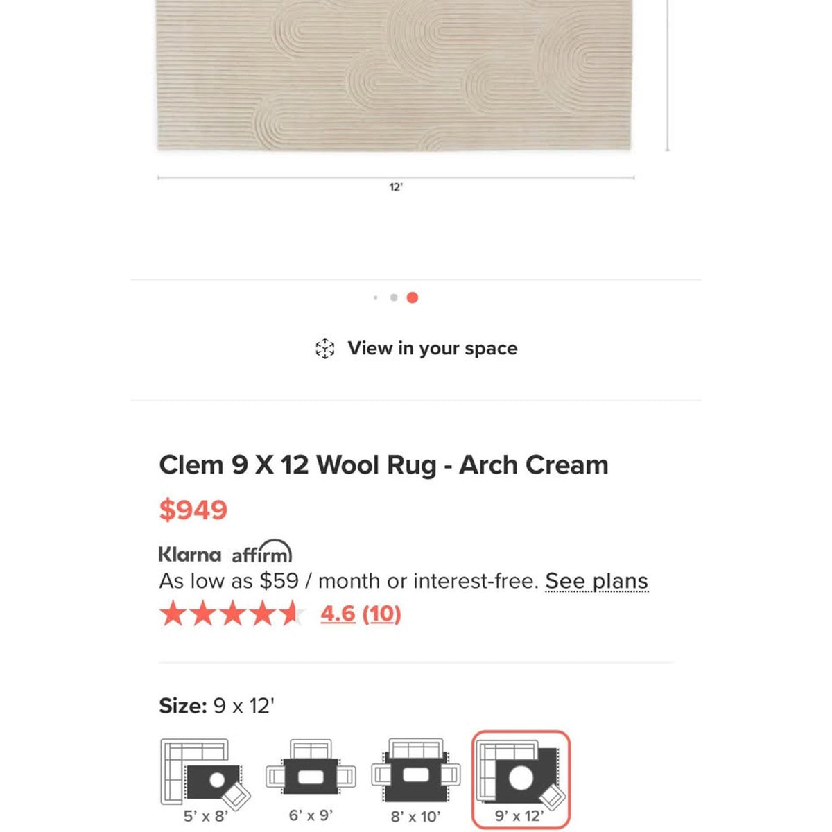 New Article Clem 9’ × 12’ Wool Rug – Arch Cream – $949 Retail – Factory Wrapped Delivery Available