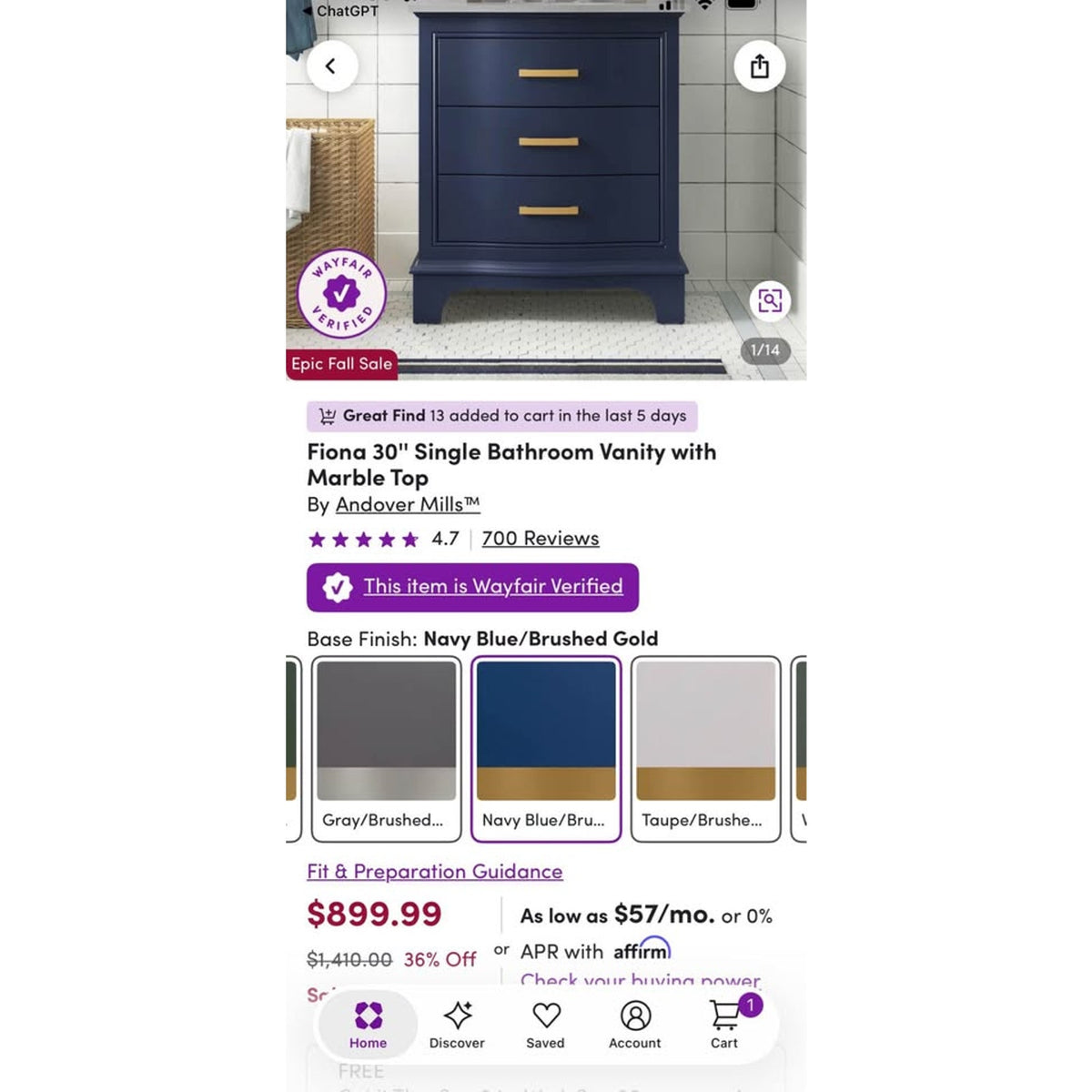 New 30” Navy Blue Bathroom Vanity – Carrara Marble Top – Retail $1,410 – Delivery Available