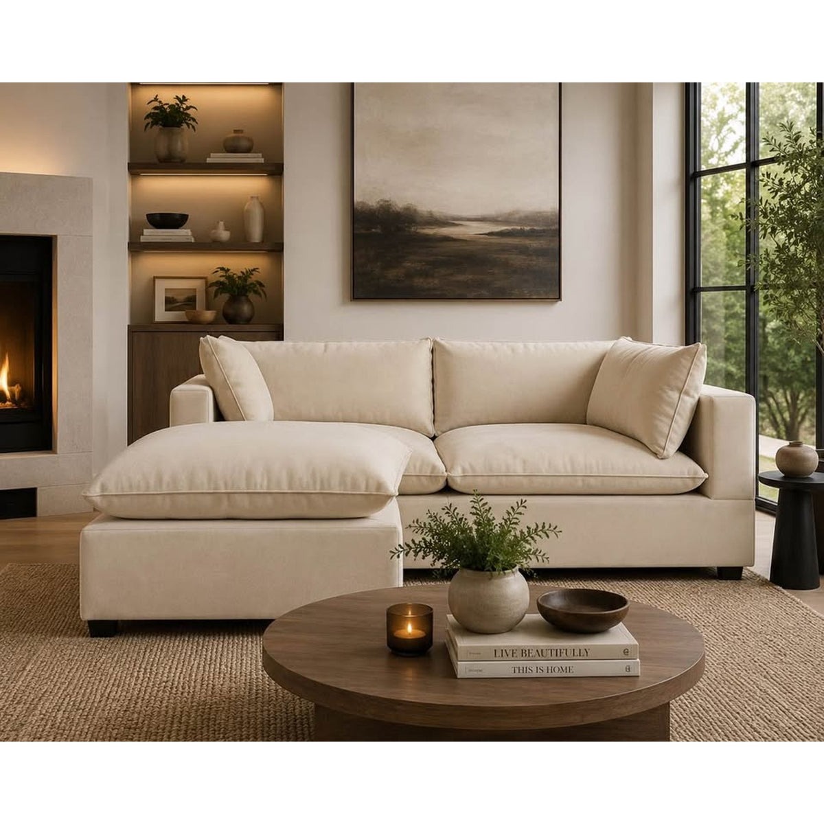 Albany Park Kova Pillow Cushion Sofa + Ottoman | Almond Performance Velvet | 86” Delivery Available