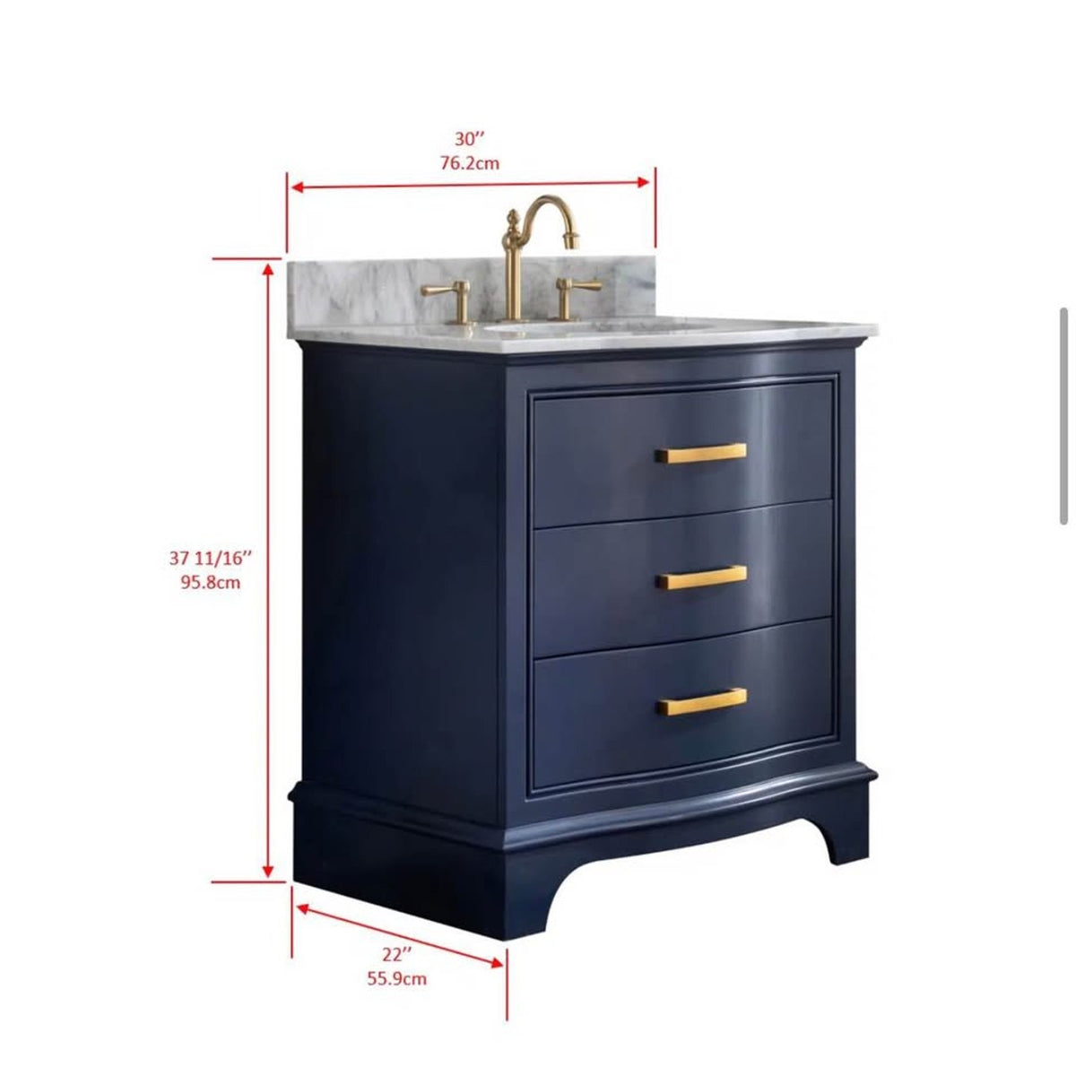 New 30” Navy Blue Bathroom Vanity – Carrara Marble Top – Retail $1,410 – Delivery Available