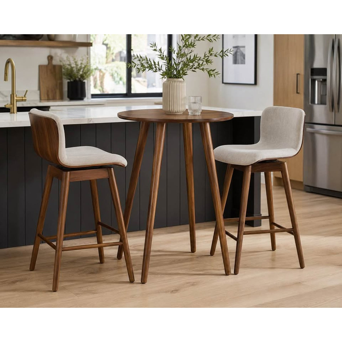 Article | Round Bar Table + 2 Swivel Bar Stools Bundle | Seno & Sede - Walnut & Mist Gray | Delivery