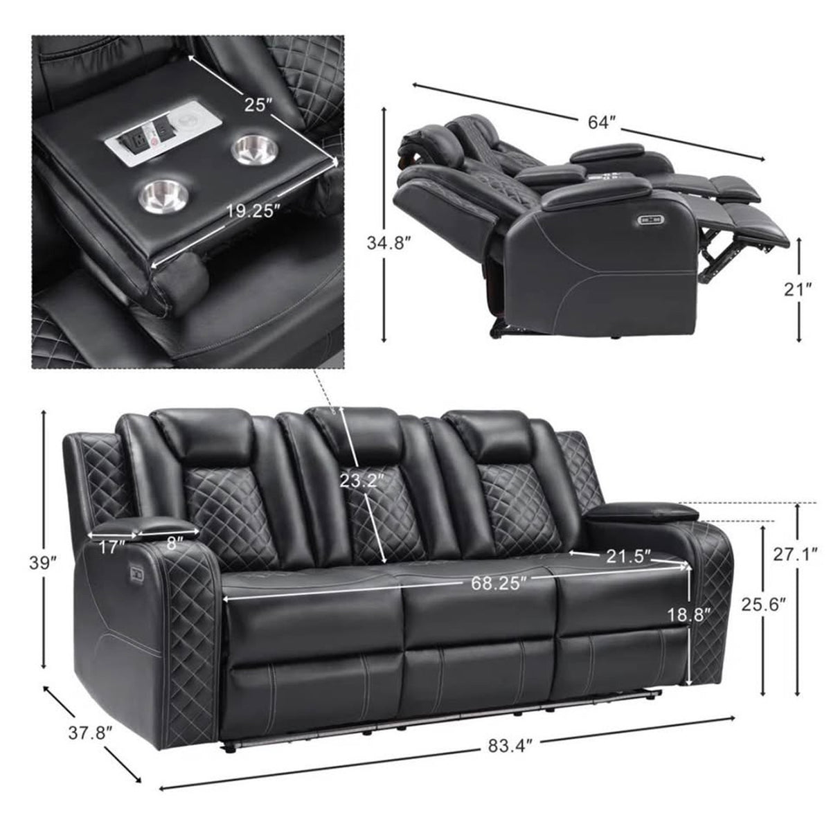 New 83” Power Reclining Theatre Sofa – Black - $2,460 Retail – Open Box – Delivery Available