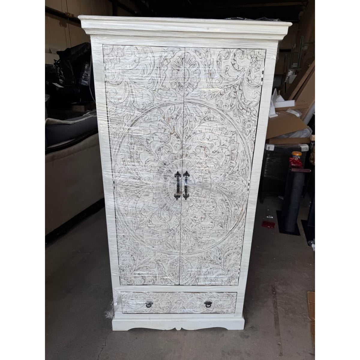 White Washed Carved Solid Wood Armoire Cabinet - Open Box - $1,600 Retail - Delivery Available