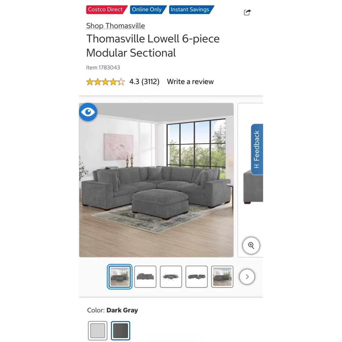 NEW Open Box Costco Thomasville 6-Piece Modular Sectional | Dark Gray | $1999 Delivery Available