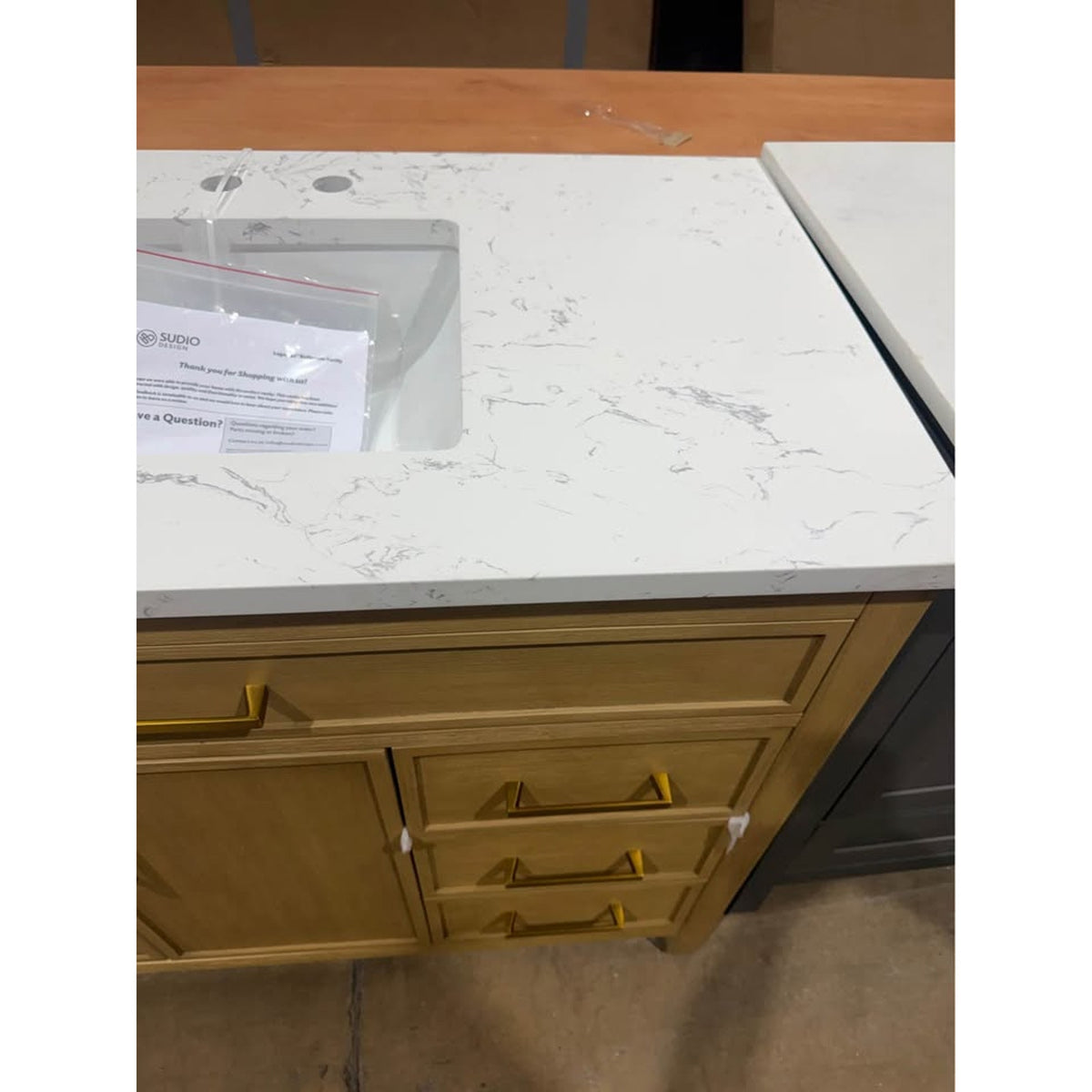New 42” Natural Wood Bathroom Vanity with White Stone Top – New Open Box - Delivery Available