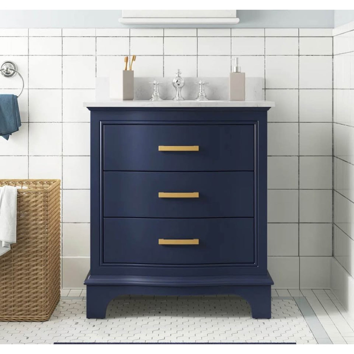 New 30” Navy Blue Bathroom Vanity – Carrara Marble Top – Retail $1,410 – Delivery Available
