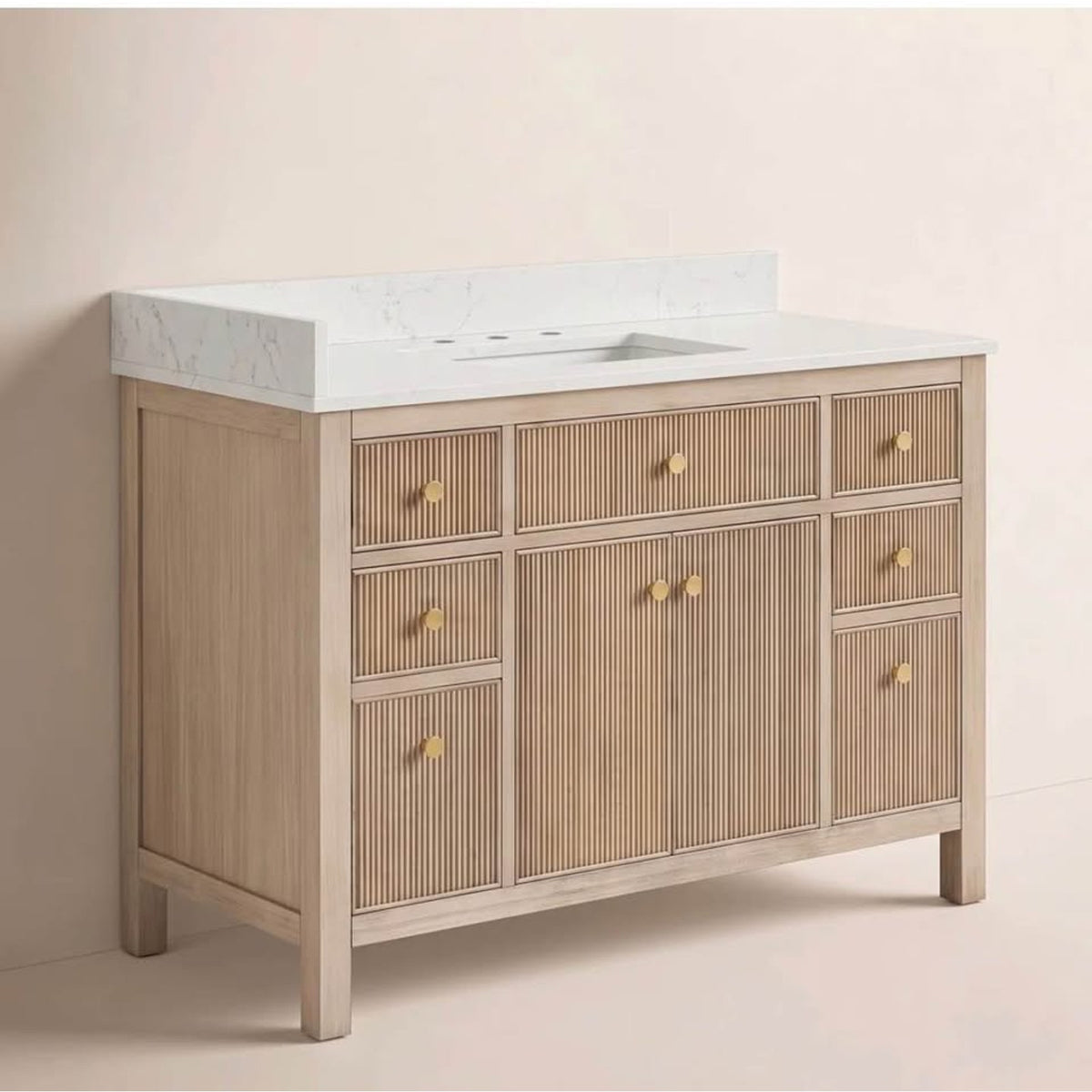 48” Natural Oak Fluted Bathroom Vanity with White Stone Top – New Open Box - Cracked Top - Delivery