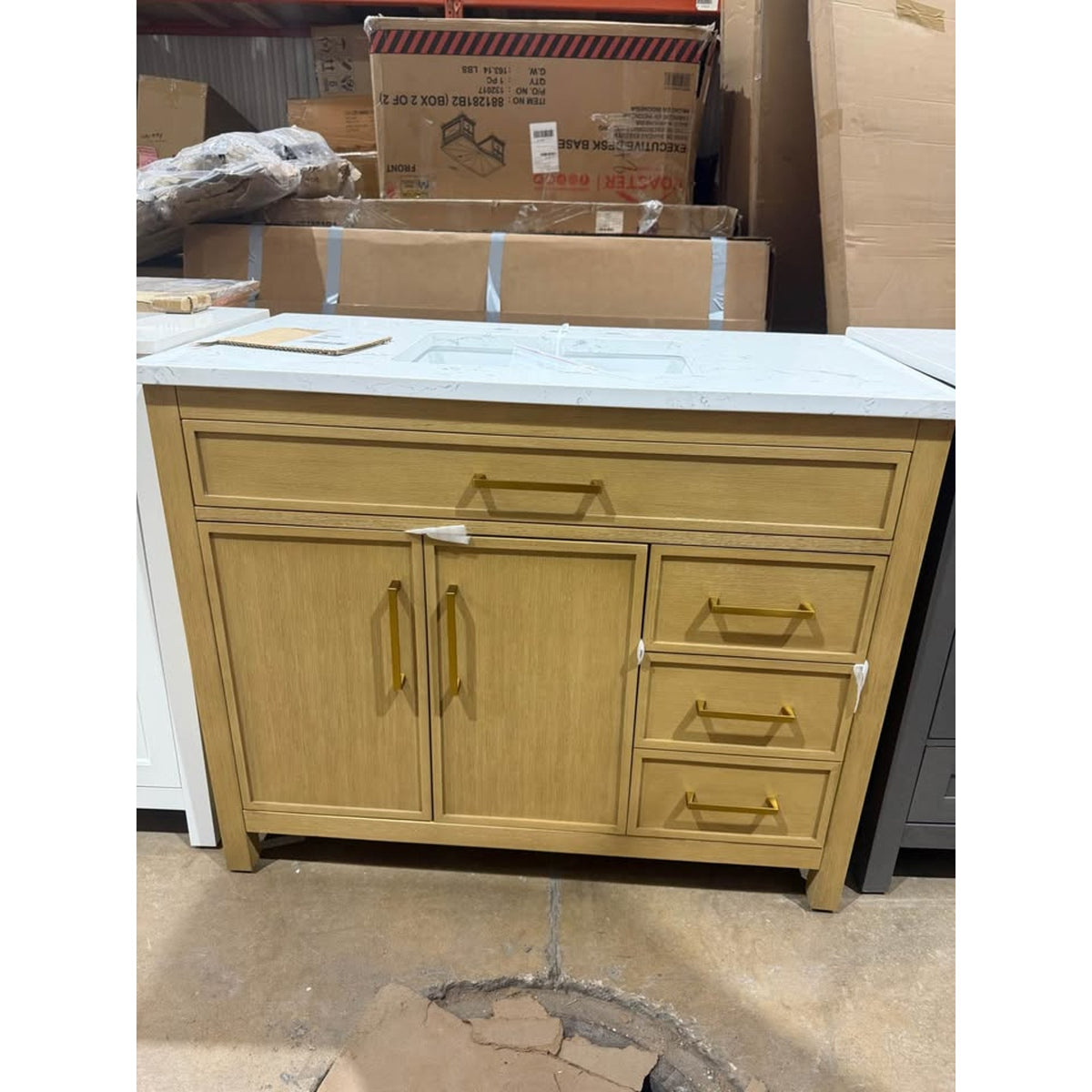 New 42” Natural Wood Bathroom Vanity with White Stone Top – New Open Box - Delivery Available