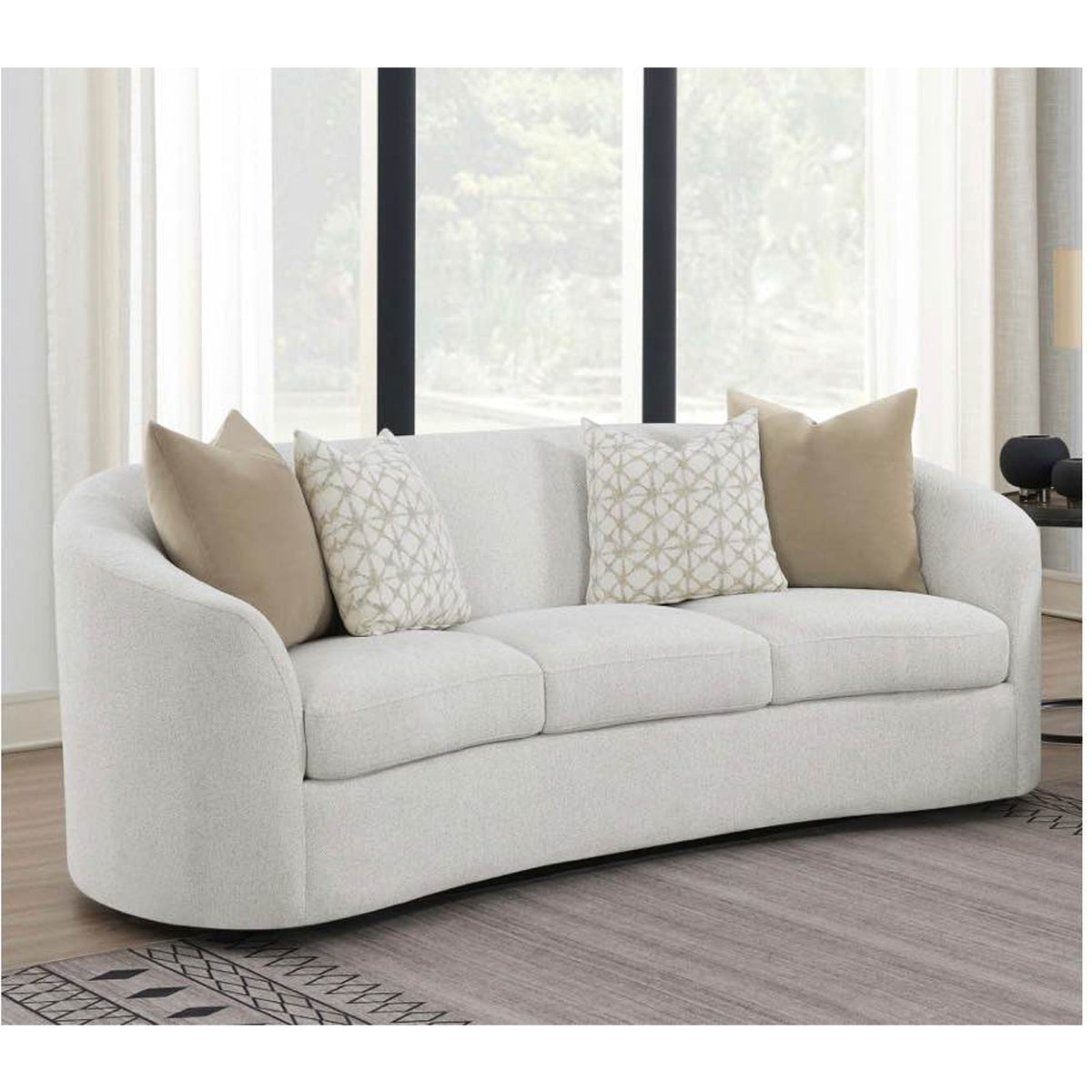 New Curved Bouclé Sofa – 88.5” Modern Cream Sofa w/ Accent Pillows - Delivery Available