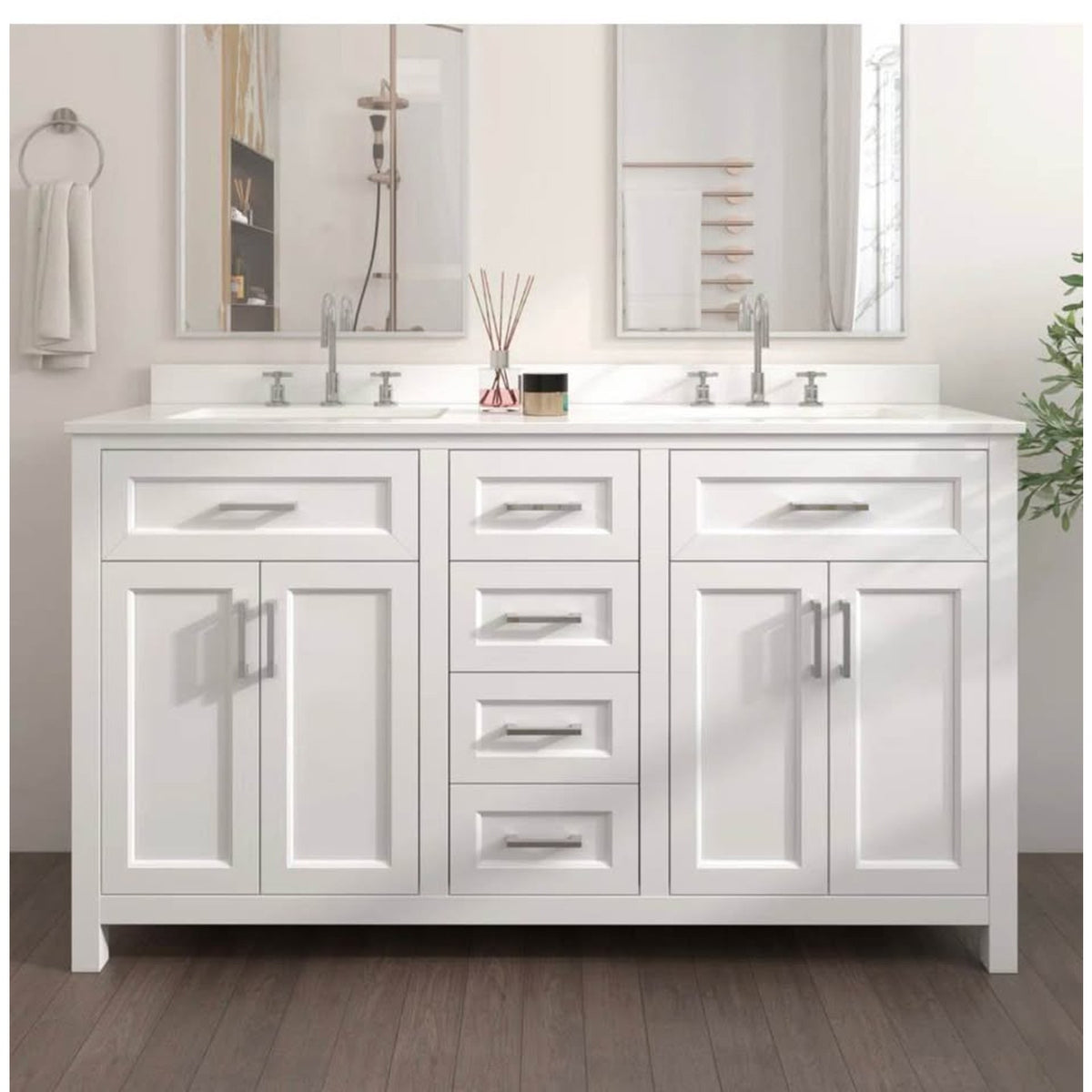 New 60” White Double Sink Bathroom Vanity with Quartz Top – New Open Box - Delivery Available