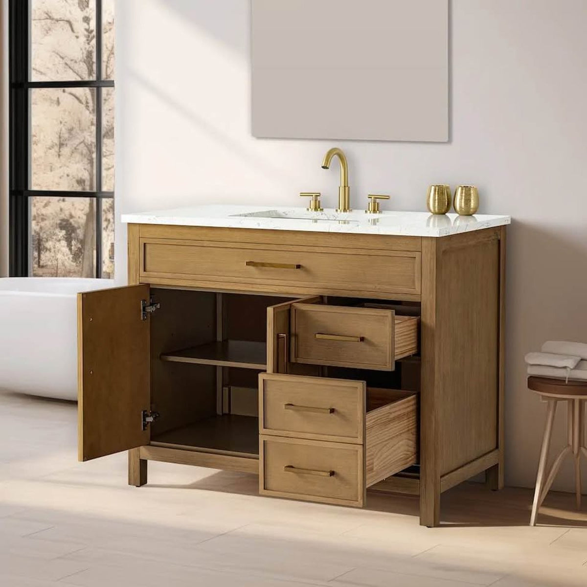 New 42” Natural Wood Bathroom Vanity with White Stone Top – New Open Box - Delivery Available