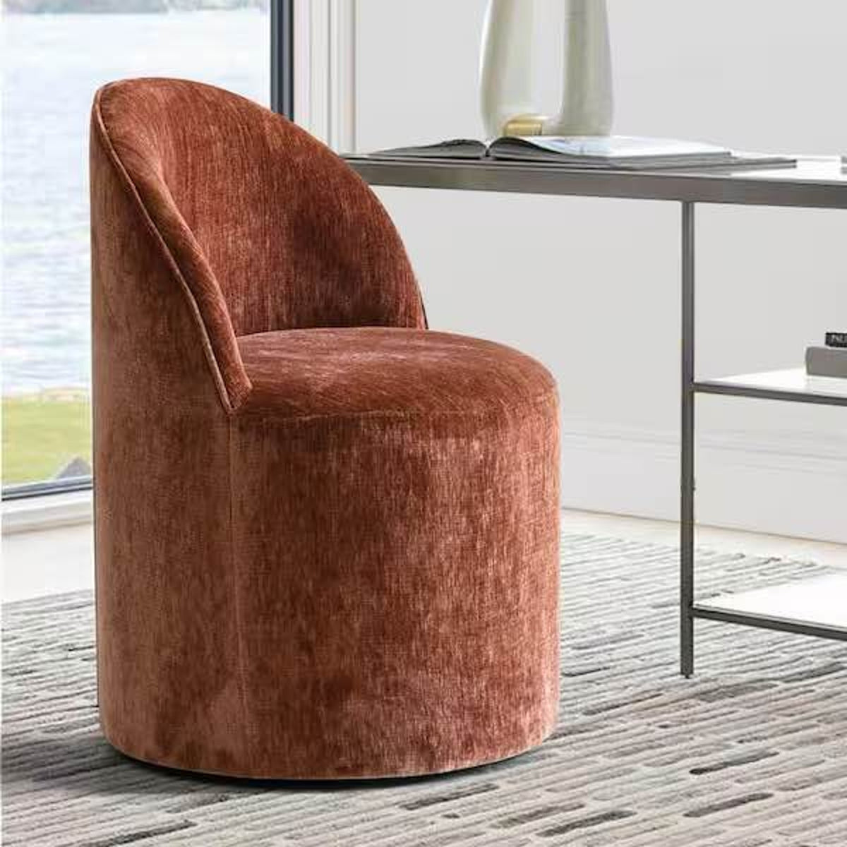 Set of 6 Rust Velvet Barrel Dining Chairs – New Open Box - $1200 Retail - Delivery Available