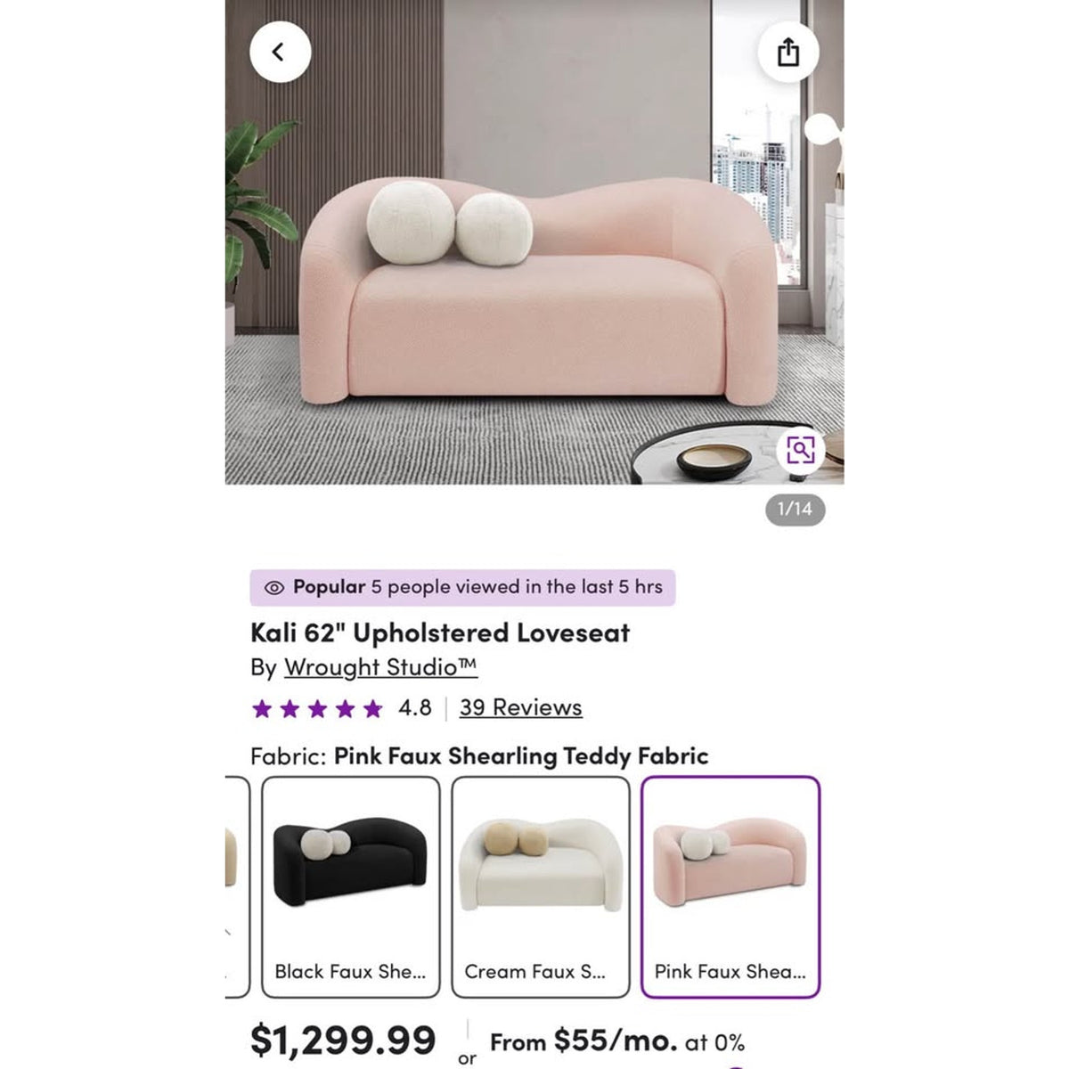 New 62” Curved Pink Teddy Bouclé Loveseat – $1,299 Retail – Delivery Available