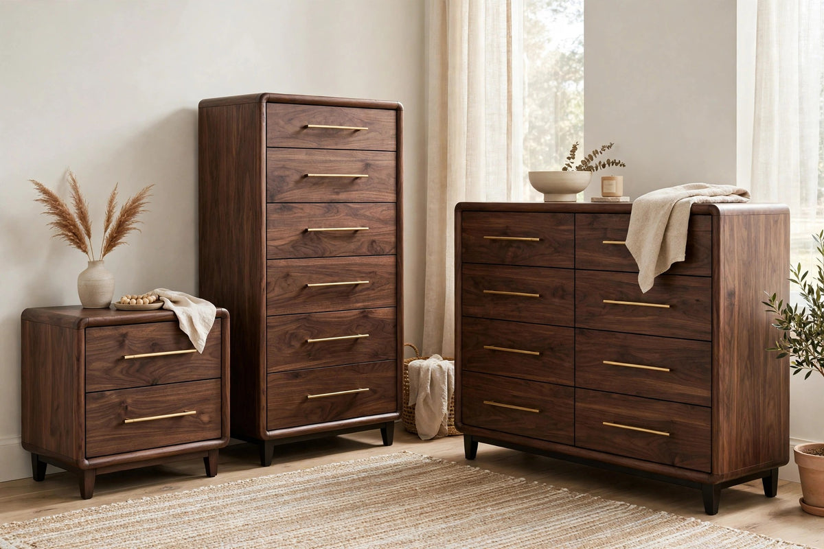 New 3-Piece Dark Walnut Bedroom Set — Nightstand, Chest & 6-Drawer Dresser