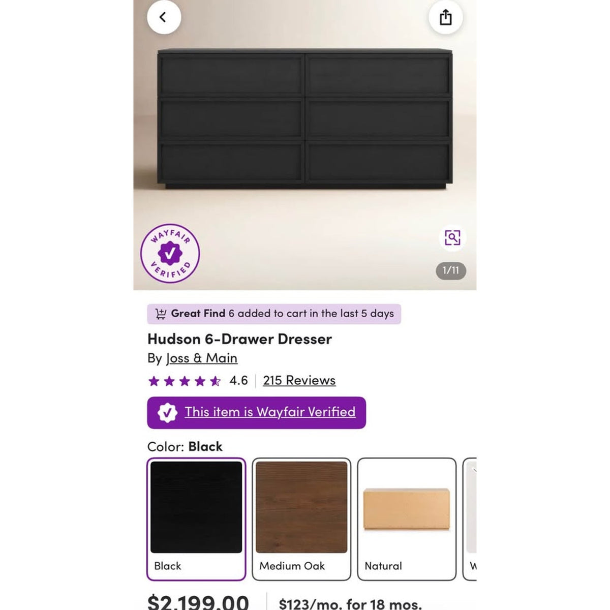 New Joss & Main Hudson 63” 6-Drawer Dresser – Black – Retail $2,199 – Delivery Available