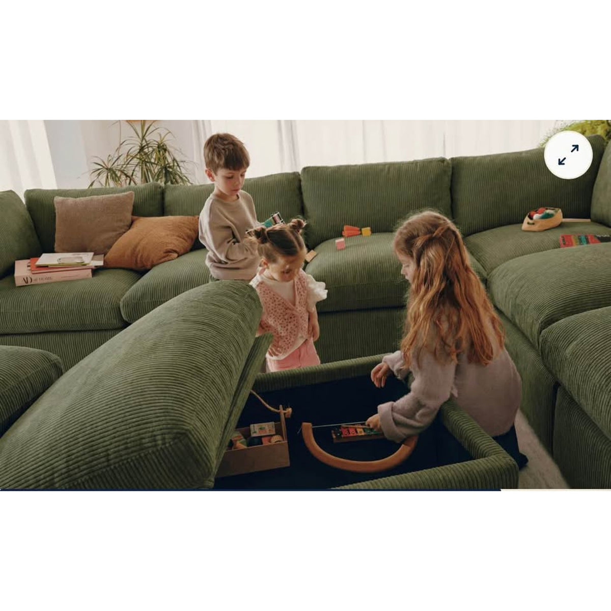 New Cozey Ciello XL 3-Seater Chaise Sectional – Cypress Green Corduroy – Delivery Available