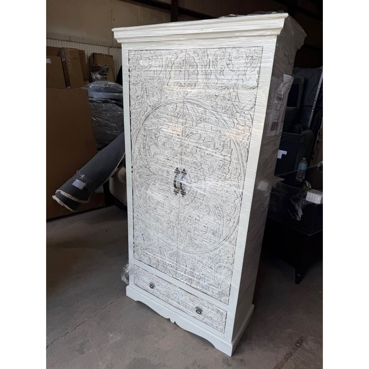White Washed Carved Solid Wood Armoire Cabinet - Open Box - $1,600 Retail - Delivery Available
