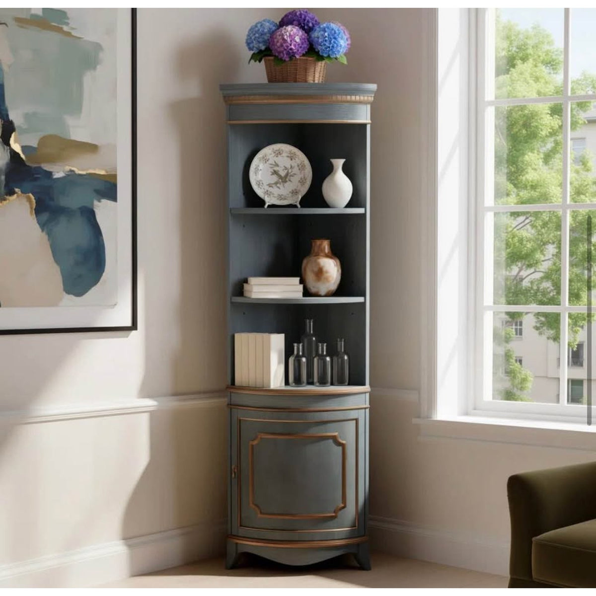 Specialty Corner Dining Cabinet – Blue Finish $1200 retail “open box” Delivery Available