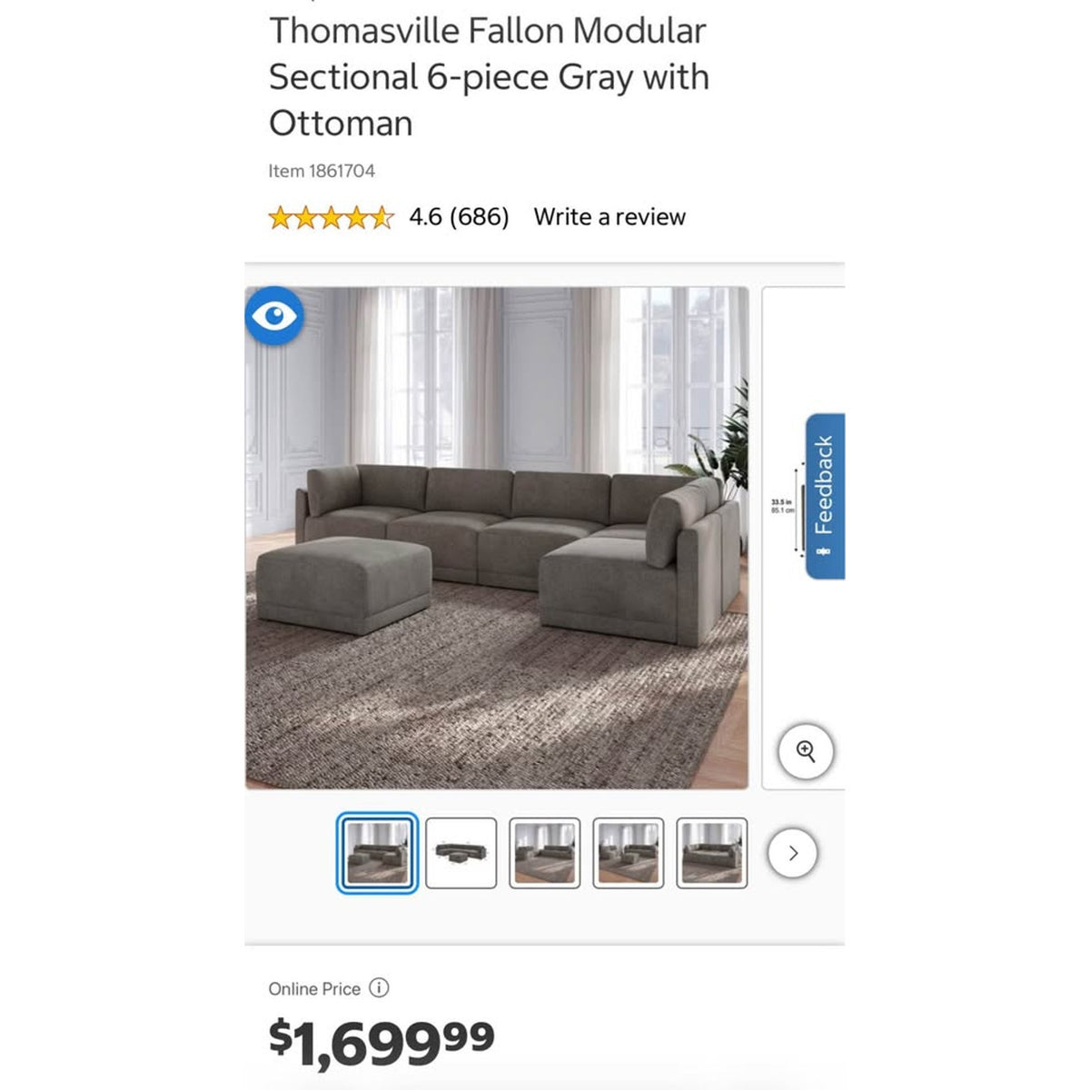 New Thomasville Fallon 6-Piece Modular Sectional – Gray – $1,699 Costco Retail - Delivery Available
