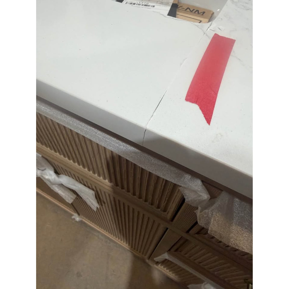 48” Natural Oak Fluted Bathroom Vanity with White Stone Top – New Open Box - Cracked Top - Delivery