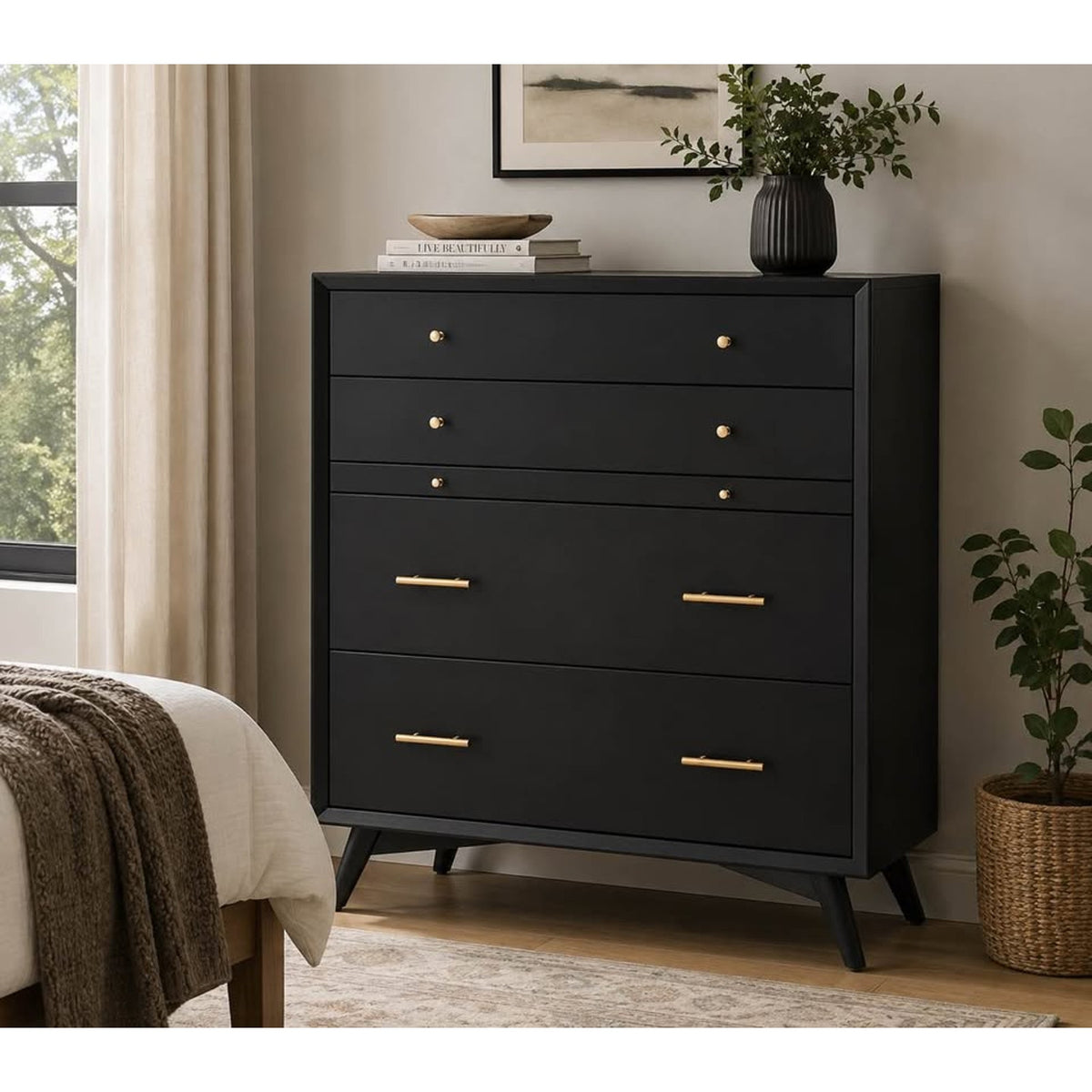 New All modern 38” Black Solid Wood 4-Drawer Chest – $1,149 Retail – Open Box - Delivery Available