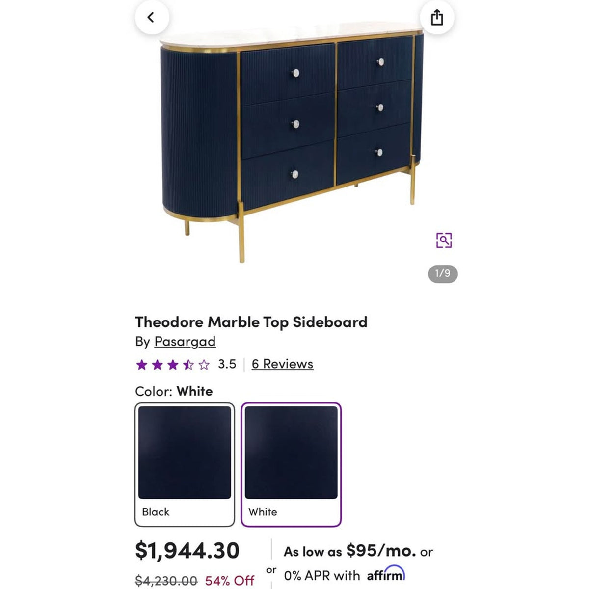 New 59” Marble Top Sideboard – Navy & Gold – Retail $4,230 – Delivery Available
