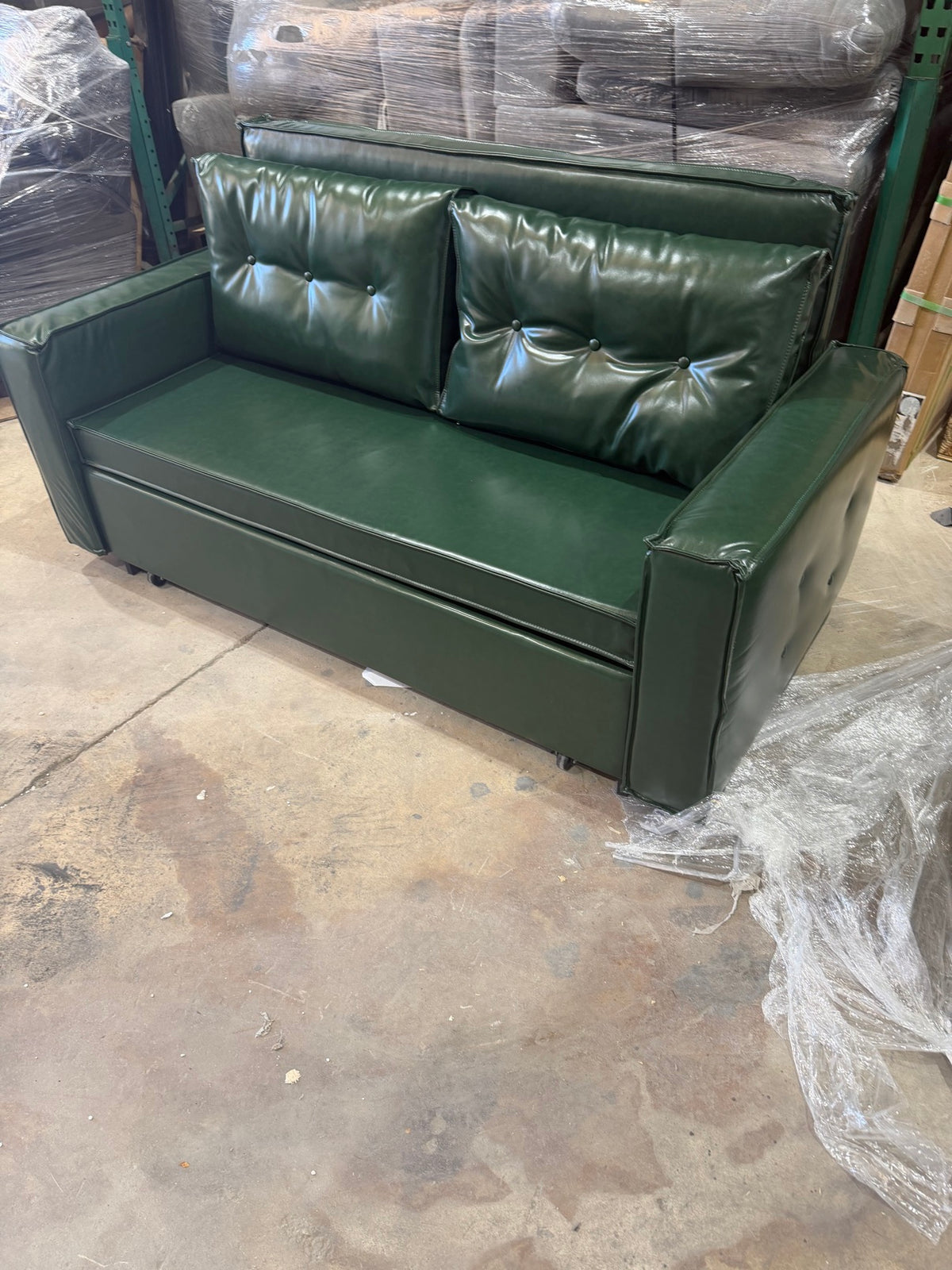 Dark Green Leather-Look Sleeper Loveseat – Pull-Out Bed + Storage – Delivery Available