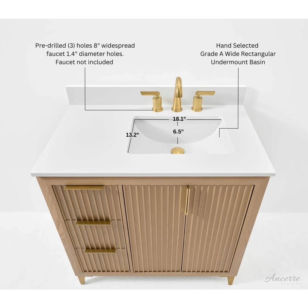 Ancerre Turlington 36” White Oak Bathroom Vanity | Right Offset Sink | Fluted Modern Design